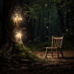 Wooden Chair with Detailed Textures in Serene Forest Setting Rustic Furniture Photography