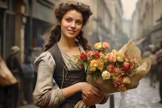 Nostalgia for old Paris: Old photo of young pretty French woman with flowers, 18th century