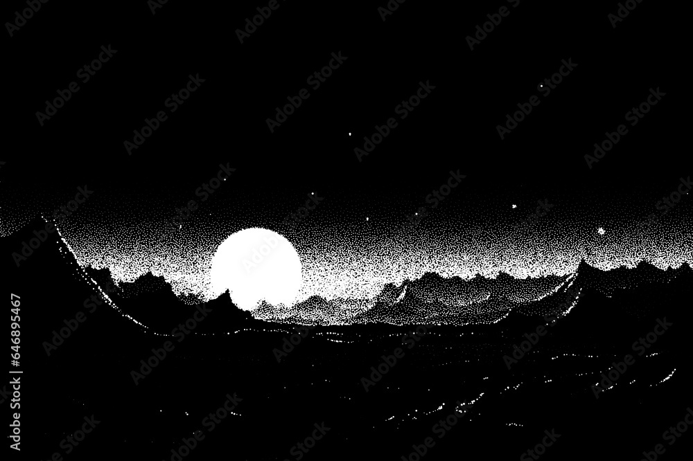 Poster alien planet landscape in retro dotwork style. planets and satellites over unknown planet in space. 