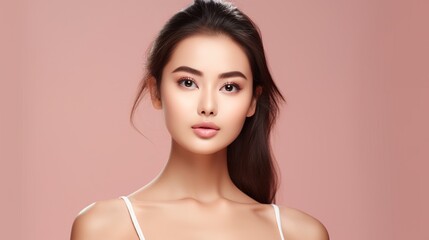 Naklejka premium Portrait of Confidence: A young woman with flawless skin and dark hair, exudes confidence and beauty in a simple, elegant portrait