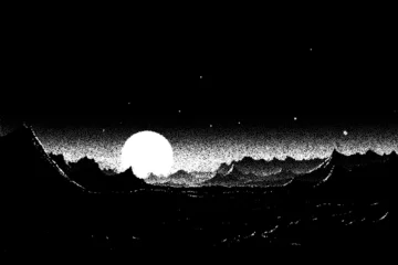 Rolgordijnen Alien planet landscape in retro dotwork style. Planets and satellites over unknown planet in space. Sci-fi world landscape beyond our galaxy. © swillklitch