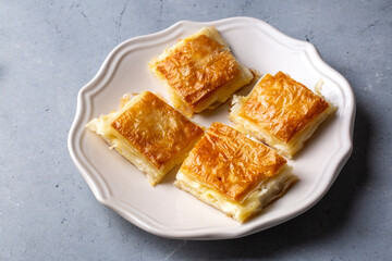 Delicious Turkish Tray pastry, Su boregi with cheese. Adana borek.