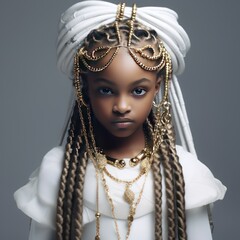 An African little Priestess-Princess Glaring in her white dress and golden metallic garland