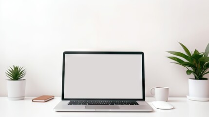 Fototapeta premium Blank screen laptop on white table with mouse and smartphone. Home or office background.