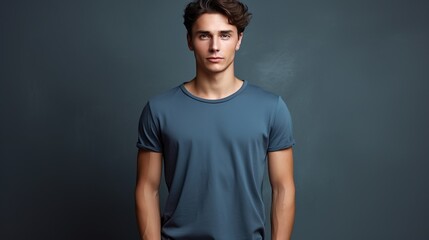 Obraz premium portrait of a man with blue shirt on gray background. generative ai