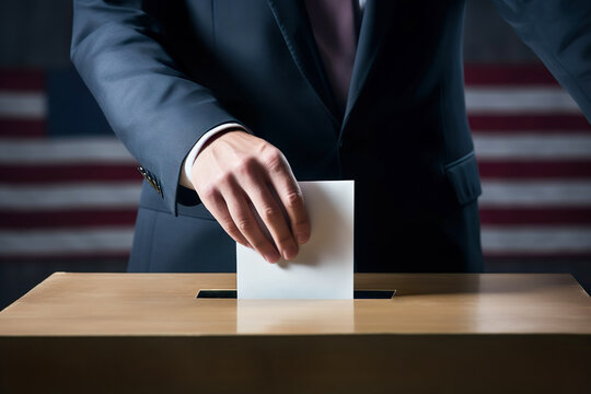 Voter putting voting paper in ballot box during elections. Election voting concept. Generative AI.