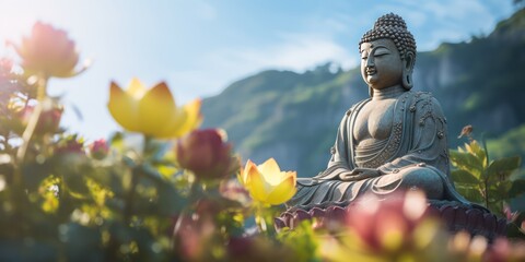 A Large Statue of lord buddha sitting with lotus flower mountains in background - obrazy, fototapety, plakaty