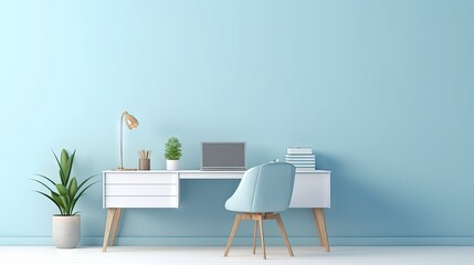 Minimal office desk in pastel blue monochrome color scheme. Minimalist design concept for study and workspace. Rendered as a 3D mockup template.