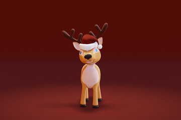 Cute cartoon Deer with gift in Santa hat. 3d render