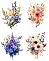 Watercolor wildflower bouquet set vector illustration design clipart set isolated on a white background