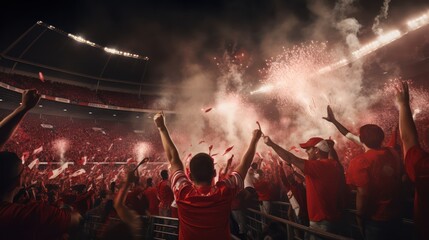 A large Crowd celebrating winning moment of their football team wearing red t -shirt in Soccer Stadium