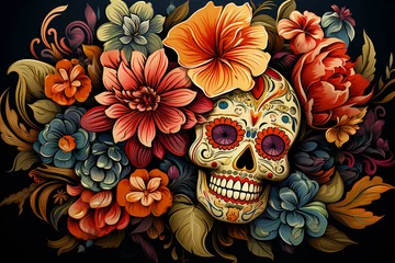 Afwasbaar Fotobehang Aquarel doodshoofd Day of the dead mexican skull pattern