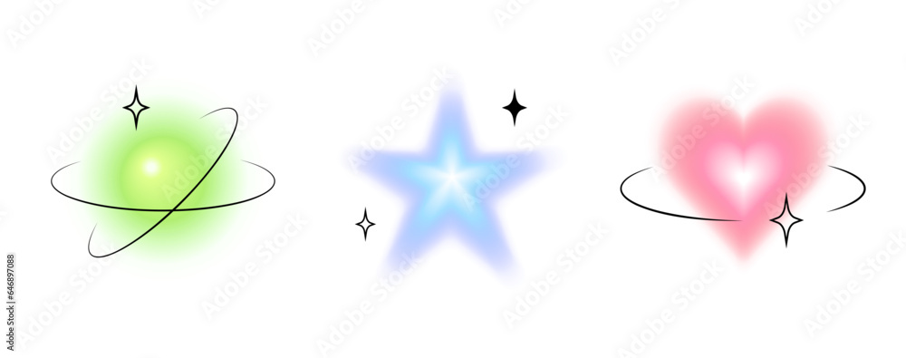 Poster three glowing vector blurred shapes in y2k aesthetics design, retro geometric elements in black fram