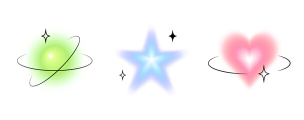 Three glowing vector blurred shapes in y2k aesthetics design, retro geometric elements in black frames.