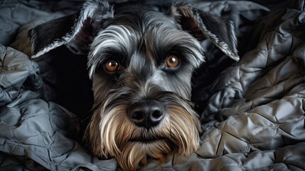 Schnauzer nestled in a quilt, capturing the contrast of textures
