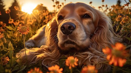 Cocker Spaniel asleep in a flower field, showcasing the contrast of colors