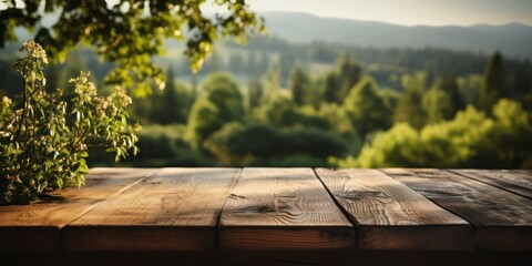 Empty Wooden Table in Green Forest product Mockup