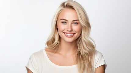 portrait of a beautiful smiling woman looking at the camera on white background - obrazy, fototapety, plakaty