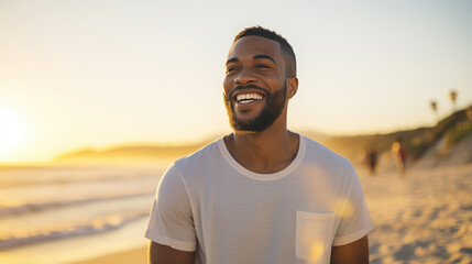 Handsome man smiles happily while on vacation with the beach in the background