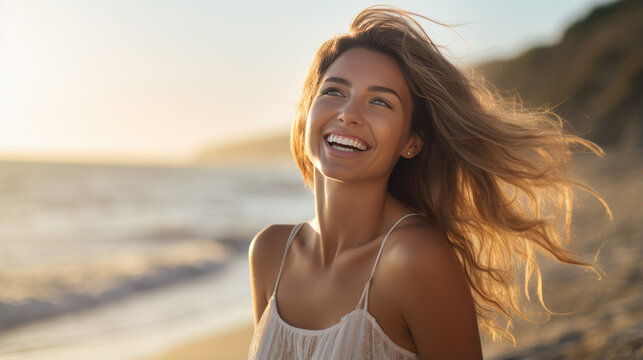 Young woman smiles happily while on vacation with the beach in the background