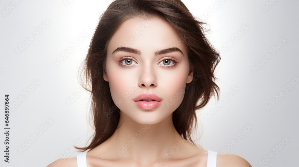 Poster Portrait of a woman with lipstick and flawless skin on a white background.