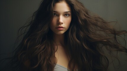 Naklejka premium Intriguing Gaze: A captivating portrait of a young woman with long, flowing brown hair, her eyes meeting the camera with a mysterious and alluring gaze, set against a soft, muted background.