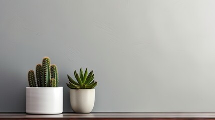 Home interior featuring cactus in a ceramic pot on a wooden table in a modern room with plants and a grey wall with space for text.