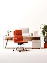 An office desk with a chair isolated on white background. Office equipment is arranged neatly on it. Minimalist style.