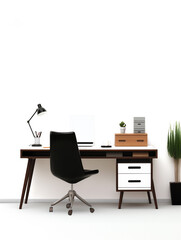 An office desk with a chair isolated on white background. Office equipment is arranged neatly on it. Minimalist style.