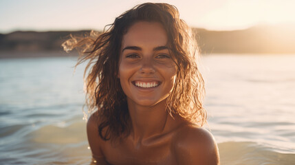 Young woman smiles happily while on vacation with the beach in the background - obrazy, fototapety, plakaty