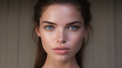 Naklejka premium Beautiful spa model with flawlessly clean skin. Concept of youth and skin care. Background in beige