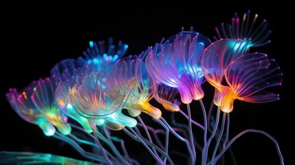 Fototapeta premium Abstract biology , microscopic view of organic substance, microorganism or cells, macro. Microbiology concept. Scientific background. 3D illustration. glowing organisms in the dark