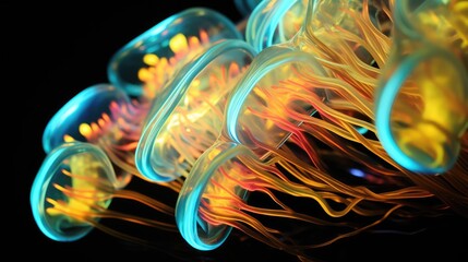 Abstract biology , microscopic view of organic substance, microorganism or cells, macro. Microbiology concept. Scientific background. 3D illustration. glowing organisms in the dark