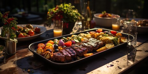 Backyard Dinner Table with Tasty Grilled Barbecue