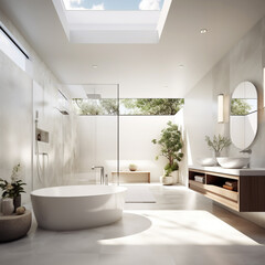 Fototapeta na wymiar Fondo con detalle de baño con tonos blancos, mobiliario y accesorios de tonos claros y ventanales con entrada de luz natural