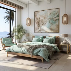 Cozy White Modern Bedroom with Turquoise Decor and a big wall art on wall