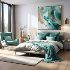 Cozy White Modern Bedroom with Turquoise Decor and a big wall art on wall