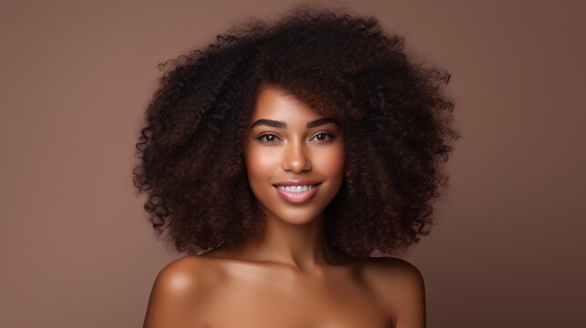 Smiling African American woman with afro hairstyle showcasing beauty, fashion, and glamour in a studio setting, highlighting her radiant skin, captivating eyes, and stylish makeup