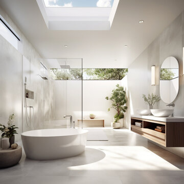 Fondo con detalle de ba&ntilde;o con tonos blancos, mobiliario y accesorios de tonos claros y ventanales con entrada de luz natural