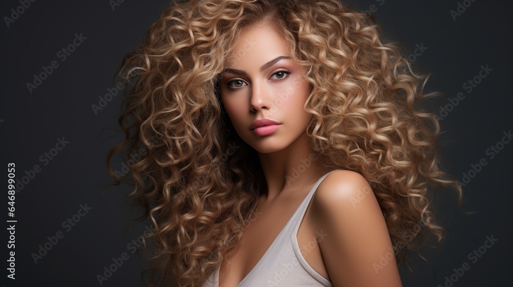 Sticker Smiling brunette woman with curly hair and glamorous makeup in a stylish fashion portrait