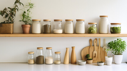 Fototapeta na wymiar Minimalist bamboo kitchen showcase highlighting zero waste and plastic-free essentials