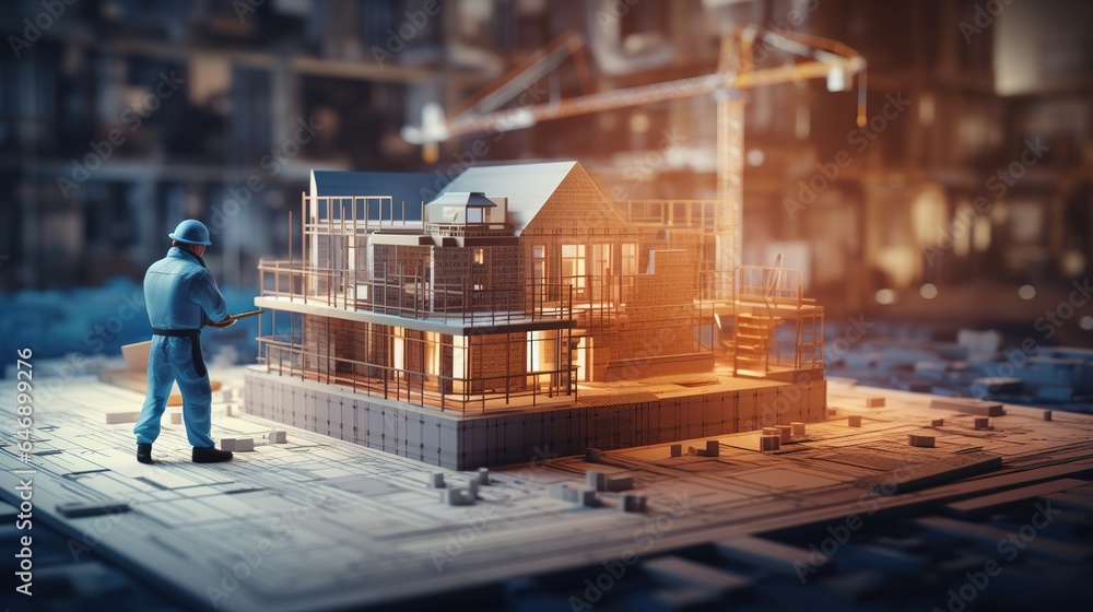Poster architect working on a project and 3d house with blueprint