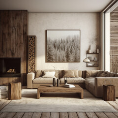 Fondo con detalle de salón con mobiliario moderno, tonos de madera y chimenea
