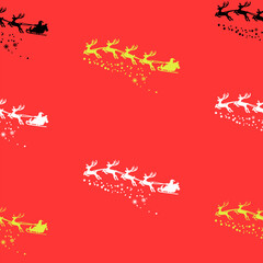 Christmas seamless pattern. Merry Christmas with Silhouette Santa Claus Riding Sleigh flying Reindeer. Isolate on red background.