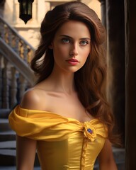 A gorgeous Princess in beautiful yellow dress standing in her palace