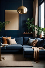 Beige corner sofa in room with dark blue walls. Interior design of modern living room. Image created using artificial intelligence.