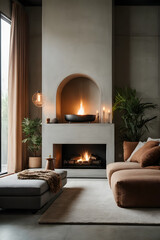 Minimalist style interior design of modern living room with fireplace and concrete walls. Image created using artificial intelligence.