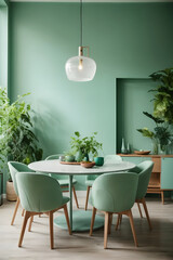 Mint color chairs at round wooden dining table in room with sofa and cabinet near green wall. Image created using artificial intelligence.
