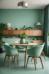 Fototapeta premium Mint color chairs at round wooden dining table in room with sofa and cabinet near green wall. Image created using artificial intelligence.