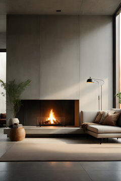 Minimalist style interior design of modern living room with fireplace and concrete walls. Image created using artificial intelligence.